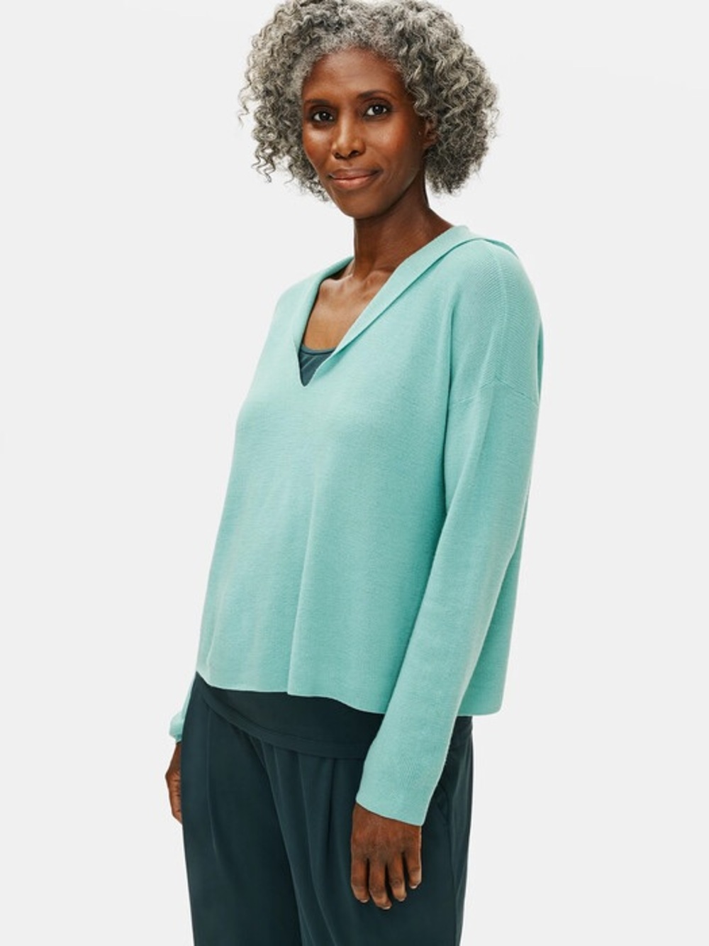 Eileen Fisher Turquoise Merino Wool Hooded Cropped Sweater - XS / Small